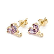 Rack Plating Brass Cubic Zirconia Stud Earrings Findings, Real 18K Gold Plated, with Loop, Cadmium Free & Lead Free, Heart, Plum, 9x8.5mm, Hole: 1.5mm, Pin: 1mm(MAK-I684-10G-06-RS)
