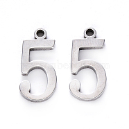201 Stainless Steel Charms, Number, Laser Cut, Stainless Steel Color, Num.5, 15x7x1.5mm, Hole: 1.5mm(STAS-R108-05)