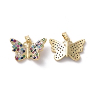 Brass Micro Pave Colorful Cubic Zirconia Pendants, Butterfly Charm, Real 18K Gold Plated, 14x22x4mm, Hole: 2.5x5mm(KK-E068-VC406)