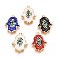Brass Micro Pave Cubic Zirconia Charms, with Enamel, Hamsa Hand/Hand of Fatima/Hand of Miriam with Eye, Golden, Mixed Color, 15x12x2mm, Hole: 1mm(KK-G391-04G)