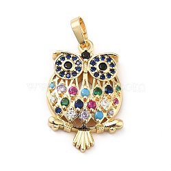 Brass Micro Pave Cubic Zirconia Pendants, Long-Lasting Plated, Real 18K Gold Plated, Owl, Colorful, 26x17x5mm, Hole: 3.5x4.5mm(KK-H433-22G)