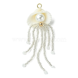 Natural Clam Shell & Glass Pearl & Glass Seed Beaded Big Pendants, Jellyfish Charms, Clear, 72x26x12mm, Hole: 3mm(PALLOY-MZ00298-01)