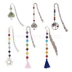 6Pcs 6 Style Tibetan Style Alloy Pendants Bookmarks, with Mixed Gemstone Beads and Glass Beads, Cotton Thread Tassels, Antique Silver, 83.5~148mm, 1pc/style(AJEW-CA0002-38)