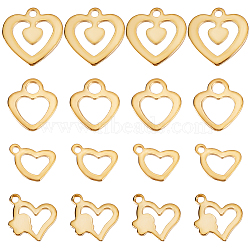 48Pcs 4 Style 201 Stainless Steel Charms, Hollow, Heart, Real 24K Gold Plated, 8.5~13x7.5~13x0.9~1mm, Hole: 1.2~2.4mm, 12pcs/style(STAS-BBC0003-14)