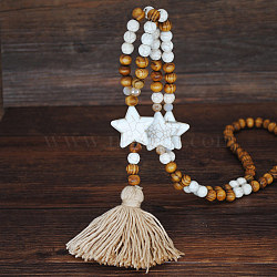 Bohemian White Resin Imitation Turquoise & Wood Beaded Mala Necklaces with Jute Cord Tassel, Star, 24.80 inch(63cm)(FS-WG73E7D-01)