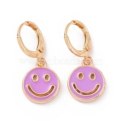 Hollow Out Smiling Face Enamel Hoop Earrings for Women, Double Side Light Gold Tone Alloy Dangle Earrings, Orchid, 25mm, Pin: 0.7mm(EJEW-G304-01KCG-04)