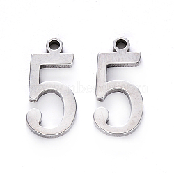 Tarnish Resistant 201 Stainless Steel Charms, Number, Laser Cut, Stainless Steel Color, Num.5, 15x7x1.5mm, Hole: 1.5mm(STAS-R108-05)