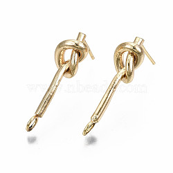 Brass Stud Earring Findings, with Loop, Nickel Free, Knot, Real 18K Gold Plated, 23x6.5mm, Hole: 2.5mm, Pin: 0.7mm(X-KK-S360-009-NF)