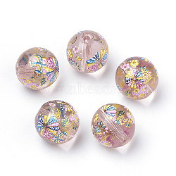 Printed Glass Beads, Round with Flower Pattern, Pink, 10x9mm, Hole: 1.5mm(GFB-Q001-10mm-D02)