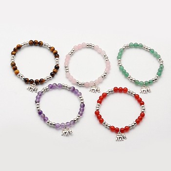 Natural Mixed Stone Beaded Elephant Charm Stretch Bracelets, with Antique Silver Alloy Findings, 53mm