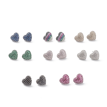 Heart Brass Cubic Zirconia Ear Studs for Women Men, Lead Free & Cadmium Free, Platinum, Long-Lasting Plated, Mixed Color, 11x12x4mm, Pin: 0.8mm