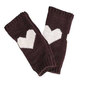 Polyacrylonitrile Fiber Yarn Knitting Fingerless Gloves, Two Tone Winter Warm Gloves with Thumb Hole, Heart Pattern, Coconut Brown & White, 190x70mm