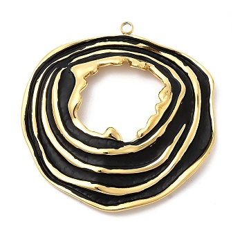 304 Stainless Steel Enamel Big Pendants, Flat Round, Ion Plating(IP), Real 18K Gold Plated, Black, 55x52x7mm, Hole: 3mm