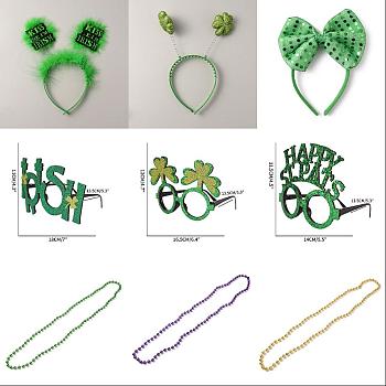 AHADERMAKER Saint Patrick's Party Decoration Kit, Including Sequins Big Bowknot Irish Head Band, Felt Cloth & Plastic Glasses Frames, Plastic Ball Chain Necklace Making, Green, 15Pcs/set