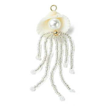 Natural Clam Shell & Glass Pearl & Glass Seed Beaded Big Pendants, Jellyfish Charms, Clear, 72x26x12mm, Hole: 3mm