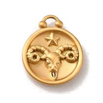 304 Stainless Steel Pendants, Flat Round with Constellations Charm, Matte Gold Color, Aries, 20.5x17x3mm, Hole: 2.5x2mm