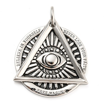 316L Surgical Stainless Steel Pendants, with Jump Ring, Eye of Providence/All-seeing Eye Charm, Antique Silver, 41x37x4.5mm, Hole: 7.5mm