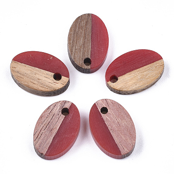 Resin & Walnut Wood Pendants, Oval, FireBrick, 15.5x10.5x3~3.5mm, Hole: 1.8mm