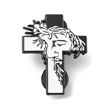 Religion Cross with Human Enamel Pin, Electrophoresis Black Zinc Alloy Brooch for Backpack Clothes, White, 33.7x26.5x1.3mm