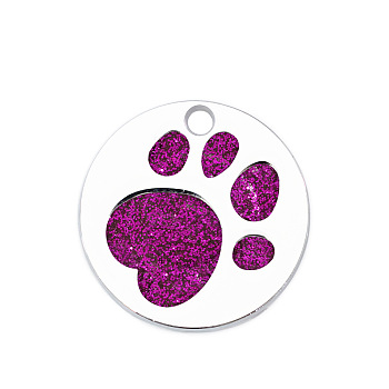 Enamel Pendants, with Platinum Plated Alloy Findings and Glitter Powder, Flat Round with Dog Paw Prints, Magenta, 25x1.7mm, Hole: 2.6mm