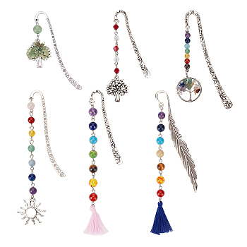 6Pcs 6 Style Tibetan Style Alloy Pendants Bookmarks, with Mixed Gemstone Beads and Glass Beads, Cotton Thread Tassels, Antique Silver, 83.5~148mm, 1pc/style