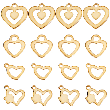 48Pcs 4 Style 201 Stainless Steel Charms, Hollow, Heart, Real 24K Gold Plated, 8.5~13x7.5~13x0.9~1mm, Hole: 1.2~2.4mm, 12pcs/style