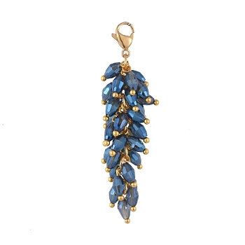 Electroplate Glass Cluster Beads Pendants, with 304 Stainless Steel Lobster Claw Clasps, Golden, Blue, 60mm