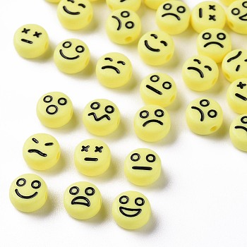Opaque Champagne Yellow Acrylic Beads, Flat Round with Black Random Expression, 7x4mm, Hole: 1.6mm