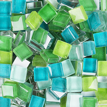 Transparent Glass Cabochons, Mosaic Tiles, for Home Decoration or DIY Crafts, Square, Green, 10x10x4mm, 200pcs/bag