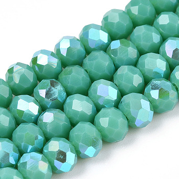 Electroplate Opaque Solid Color Glass Beads Strands, Half Rainbow Plated, Faceted, Rondelle, Light Sea Green, 4x3mm, Hole: 0.4mm, about 113~115pcs/strand, 41~41.5cm