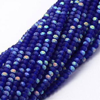 Half AB Color Plated Faceted Rondelle Glass Bead Strands, Frosted, Blue, 4~4.5x3~3.5mm, Hole: 0.8mm, about 150pcs/strand, 15.1 inch