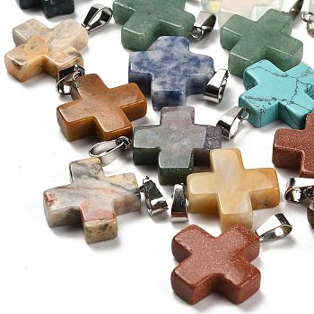 Natural & Synthetic Mixed Gemstone Pendants, with Stainless Steel Color Plated 201 Stainless Steel Snap on Bails, Cross, 23~24x20x6mm, Hole: 7x4.5mm