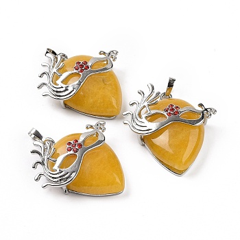 Natural Topaz Jade Pendants, Teardrop with Mask Charms, with Rack Plating Platinum Plated Brass Ruby Rhinestone Findings, 37~37.5x34.5~36x10~11mm, Hole: 6x4mm