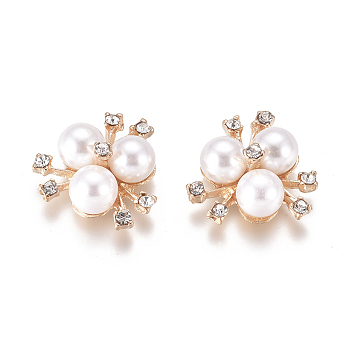 Alloy Cabochons, with Crystal Rhinestone & Acrylic Imitation Pearl, Flower, Light Gold, White, 19~20x21~22x10mm