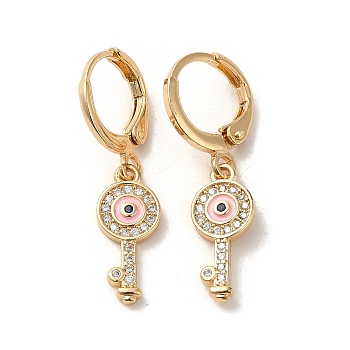 Key with Evil Eye Real 18K Gold Plated Brass Dangle Leverback Earrings, with Enamel and Cubic Zirconia, Pink, 29.5x7mm