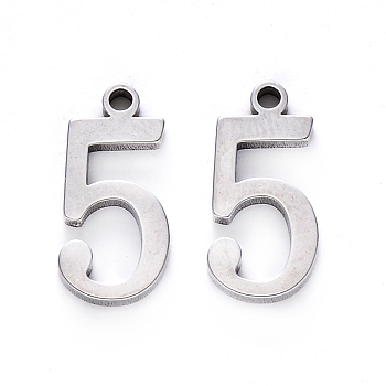201 Stainless Steel Charms, Number, Laser Cut, Stainless Steel Color, Num.5, 15x7x1.5mm, Hole: 1.5mm