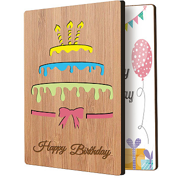 Bamboo Greeting Card & Paper Envelope with Bowknot, Rectangle with Hollow Pattern, Cake Pattern, 150~173x110~124x7mm, 2pcs/set