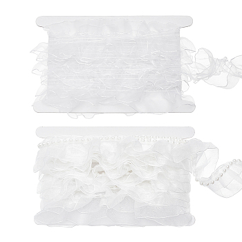 5 Yards Satin Chiffon Double Ruffled Lace Trim, with 5M Ruffled Organza Ribbon, with Imitation Pearl Resin Beads, Garment Accessories, White, 1-3/8~2 inch(35~50mm)