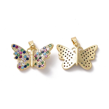 Brass Micro Pave Colorful Cubic Zirconia Pendants, Butterfly Charm, Real 18K Gold Plated, 14x22x4mm, Hole: 2.5x5mm