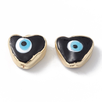 Brass Beads, with Enamel, Real 18K Gold Plated, Heart with Evil Eye, Black, 14.5x16x7mm, Hole: 1.6mm
