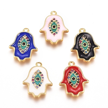 Brass Micro Pave Cubic Zirconia Charms, with Enamel, Hamsa Hand/Hand of Fatima/Hand of Miriam with Eye, Golden, Mixed Color, 15x12x2mm, Hole: 1mm