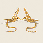 Stainless Steel Bird Tassel Stud Earrings, Left and Right, Real 18K Gold Plated, 100x33mm(CQ0312)