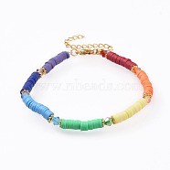 Handmade Polymer Clay Bracelets, with Glass Heishi Beads, Alloy Spacer Beads and 304 Stainless Steel Findings, Golden, Colorful, 7-3/8 inch(18.6cm), 4mm(BJEW-JB04634)