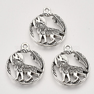 Tibetan Style Alloy Howling Wolf Pendants, Cadmium Free & Lead Free, Flat Round with Wolf, Antique Silver, 25.5x21x3mm, Hole: 1.8mm, about 215pcs/500g(TIBEP-T009-07AS-RS)
