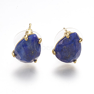 Natural Lapis Lazuli Stud Earrings, with Golden Tone Brass Findings, Faceted Drop, 13.5~14x10.5mm, Pin: 0.8mm(X-EJEW-L196-03D)
