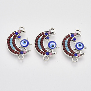 Alloy Links connectors, with Resin, Enamel and Sapphire Rhinestone, Moon with Star and Evil Eye, Antique Silver, Colorful, 24.5x17x3mm, Hole: 2mm(PALLOY-T072-013AS)