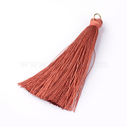 Nylon Thread Tassel Big Pendants Decoration, with Brass Findings, Golden, Chocolate, 63~66x7mm, Hole: 7mm(FIND-Q065-A11)