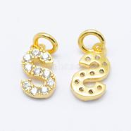 Brass Micro Pave Grade AAA Cubic Zirconia Charms, Letter S, Cadmium Free & Nickel Free & Lead Free, Real 18K Gold Plated, 9x5x1.5mm, Hole: 2mm(ZIRC-P067-11G-S-NR)