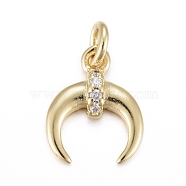Brass Micro Pave Clear Cubic Zirconia Charms, with Jump Rings, Moon, Real 18K Gold Plated, 10.5x8.4x2.2mm, Jump Ring: 4x0.7mm, Hole: 2.8mm(KK-I674-20G)