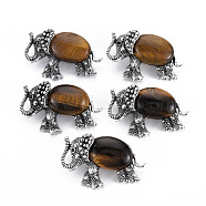 Elephant Alloy Brooch, Natural Tiger Eye Lapel Pin with Loop for Backpack Clothes Pendant Jewelry, Cadmium Free & Lead Free, Antique Silver, 29x46x14mm, Hole: 7x4mm, Pin: 0.7mm(PALLOY-N166-001-B01-RS)
